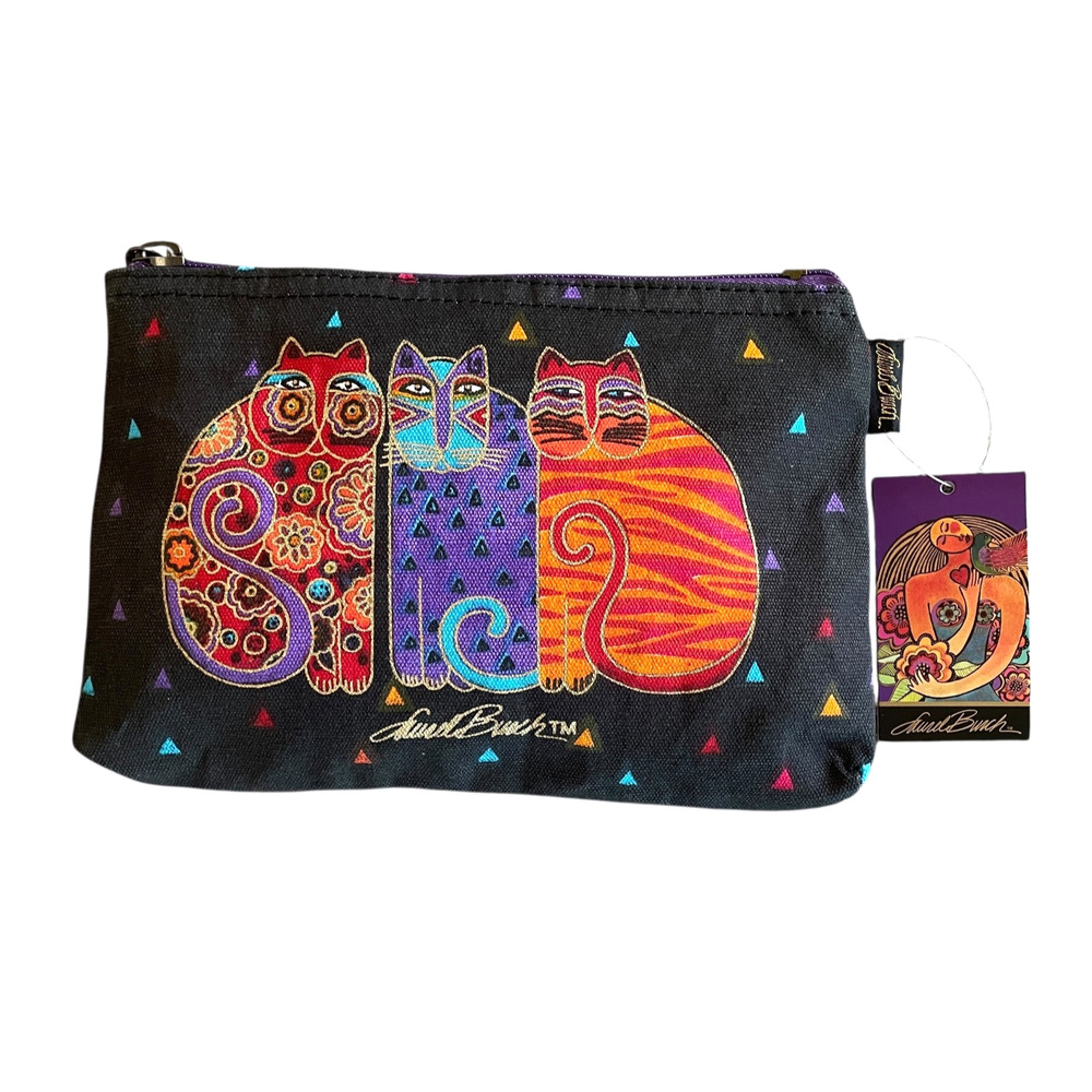 NWT LAUREL BURCH Feline Friends Colorful Painted Cats Black Canvas Make-Up Bag